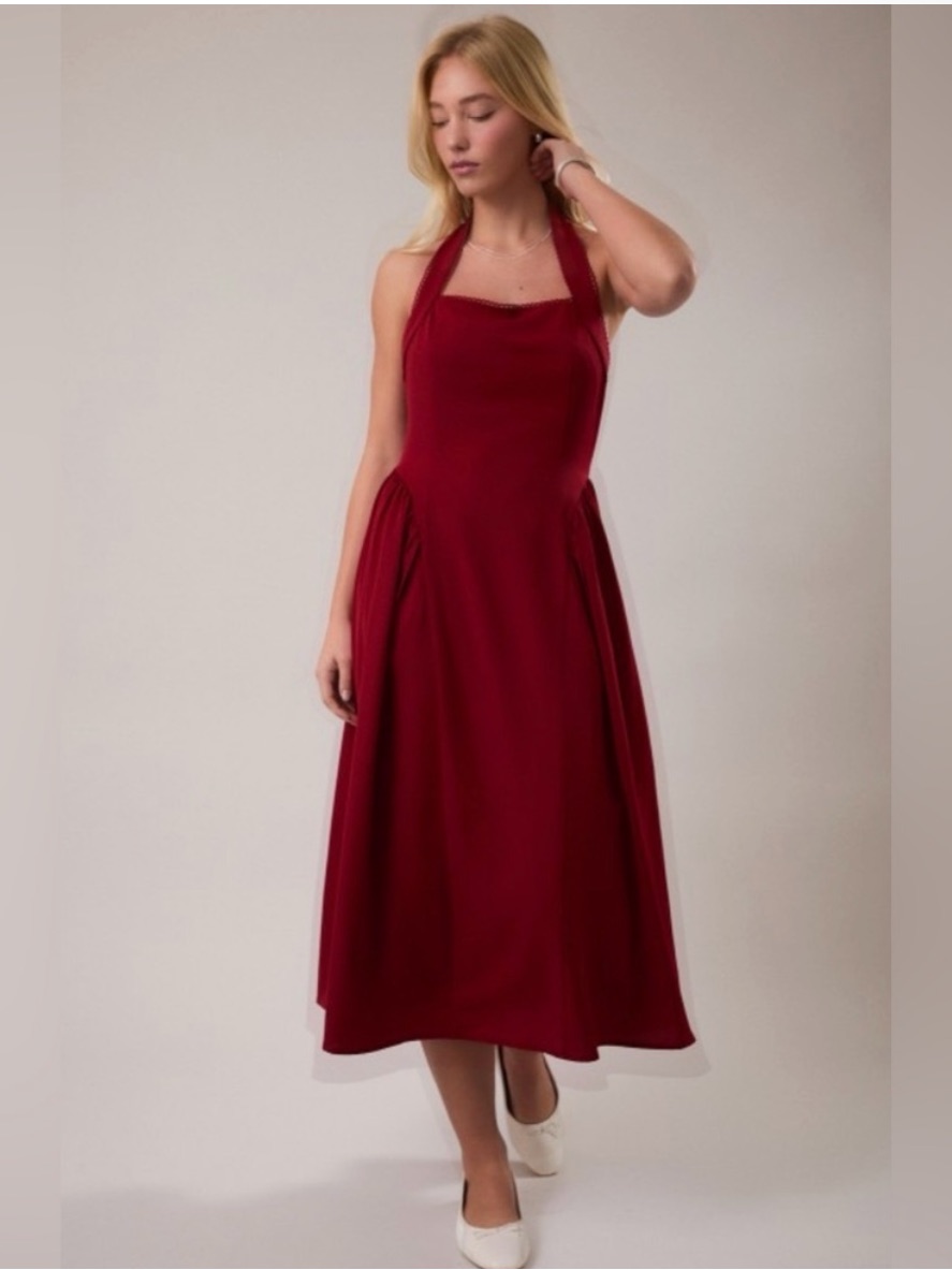 New Le Lis Burgundy Halter Midi Dress With Lace Trim Medium